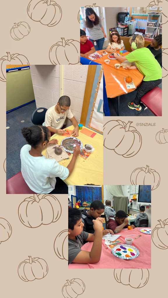 Photo Collage of students painting pumpkins.