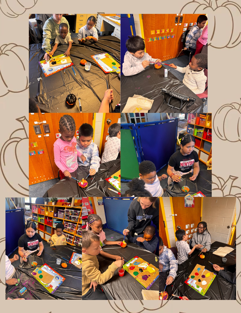 Photo Collage of students painting pumpkins.