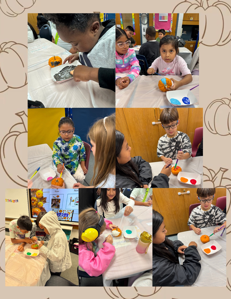 Photo Collage of students painting pumpkins.