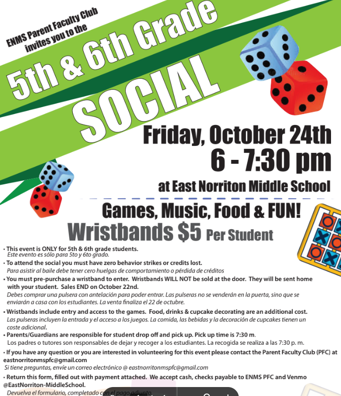 Flyer describing 5/6 Grade social information for Friday, October 24 at 6 to 7:30 pm