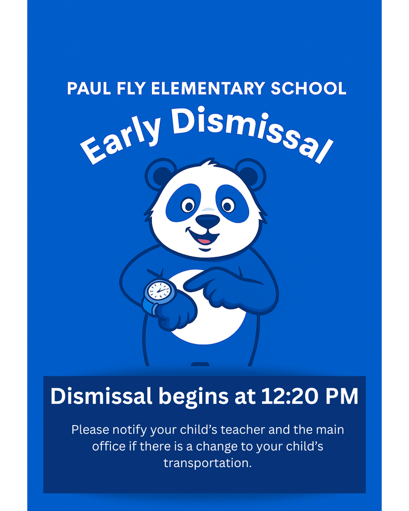 Early Dismissal flyer with panda pointing to a watch, details in caption