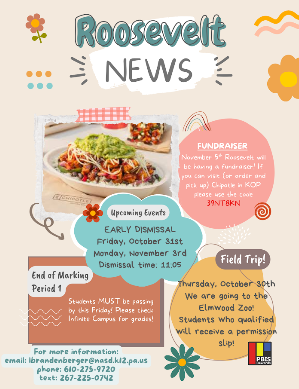 Flyer is in English about the upcoming events that are taking place this week at Roosevelt. Details are in the caption 