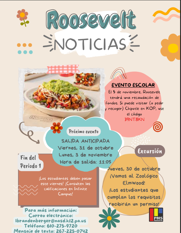 Flyer is in Spanish about the upcoming events that are taking place this week at Roosevelt. Details are in the caption 