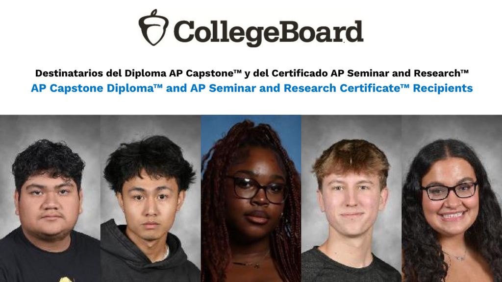 Five student portraits below a College Board banner.