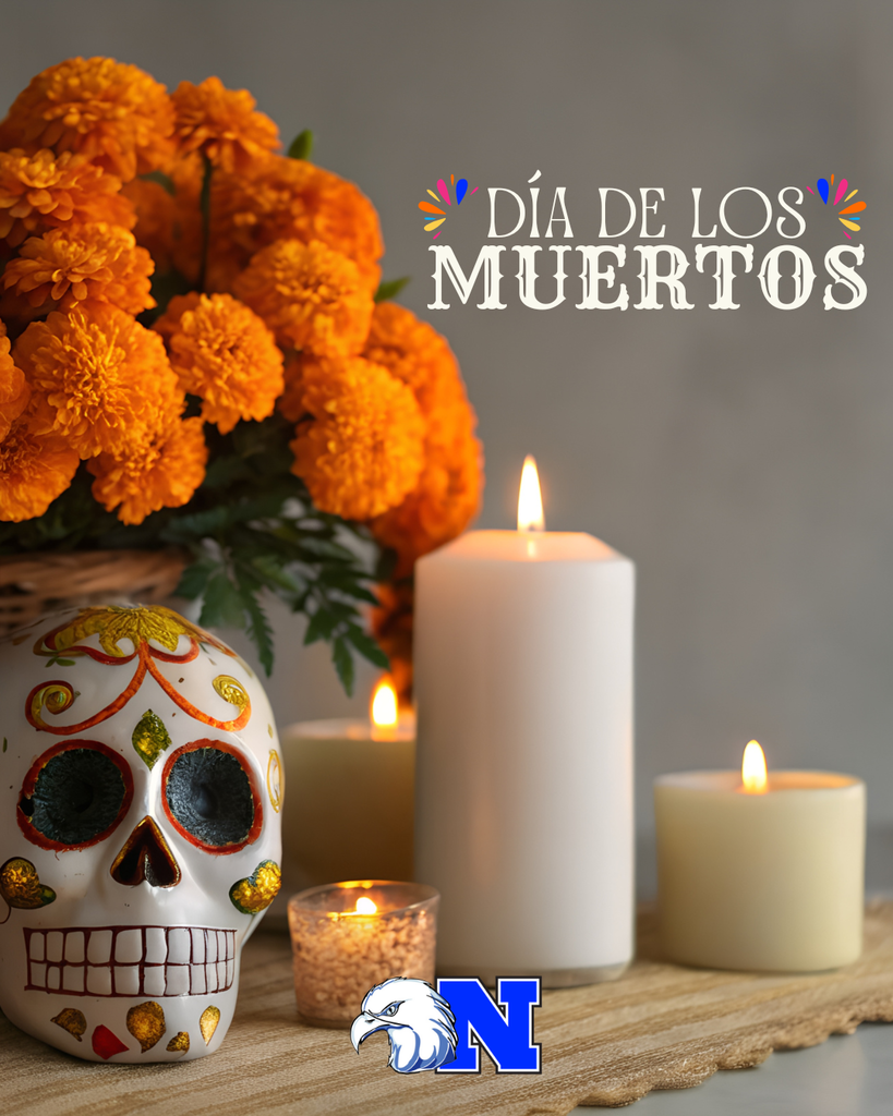 Día de los Muertos arrangement with a painted skull, marigolds, candles, marigolds, and text "Día de los Muertos".