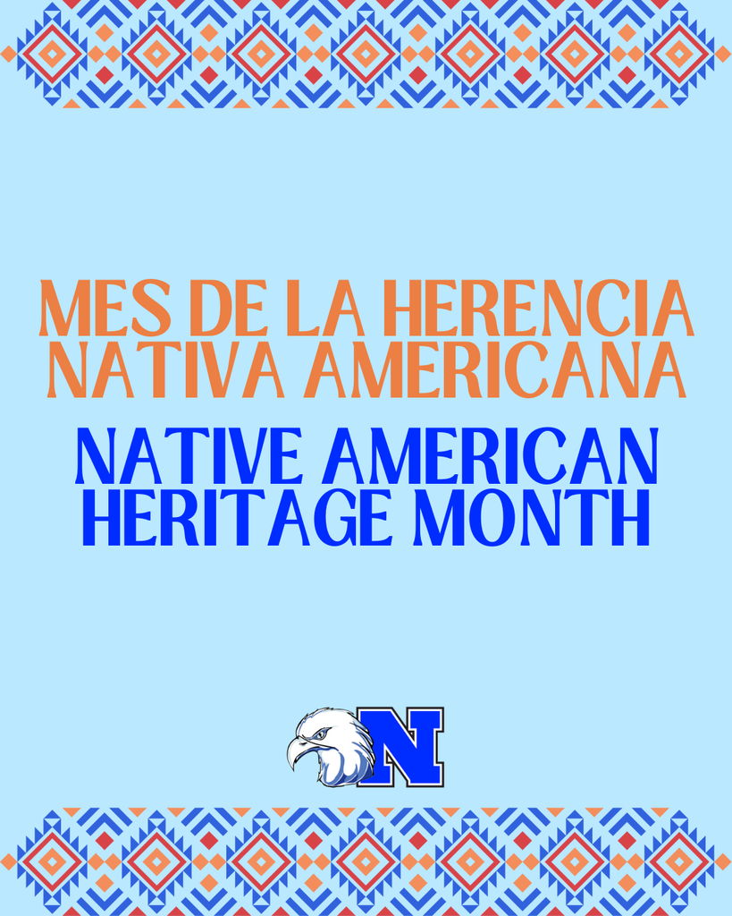 raphic with geometric patterns and text for Native American Heritage Month in English and Spanish.