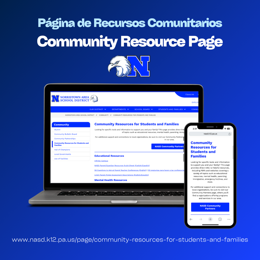 Graphic of laptop and smart phone with NASD website displayed and text over laid "Community Resources Page".