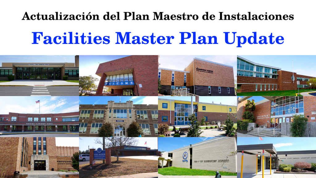 Collage of the 12 NASD Schools with bilingual text overlaid "Facilities Master Plan Update".