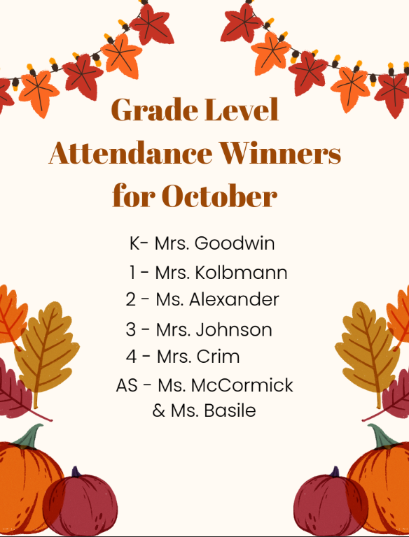 Image of Grade Level Attendance Winners for October in English