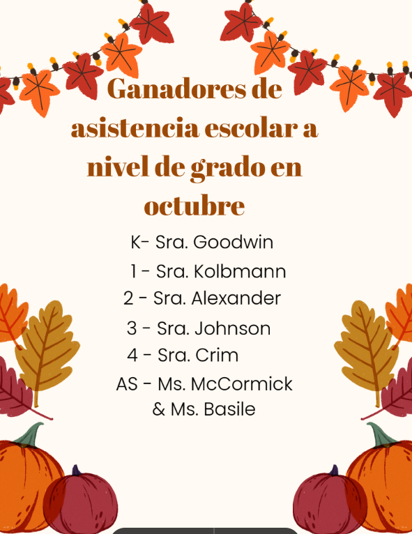 Image of Grade Level Attendance Winners for October in English
