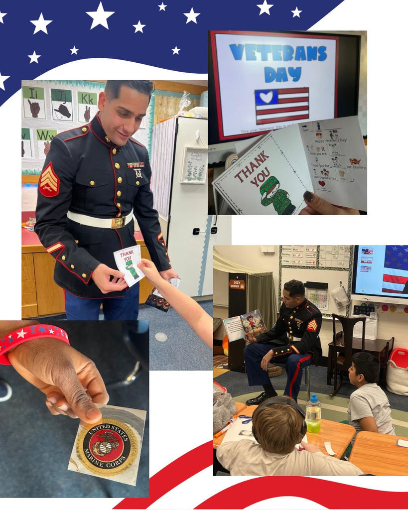 Photo Collage of the Guest Marine speaking to the class on Veteran's Day.