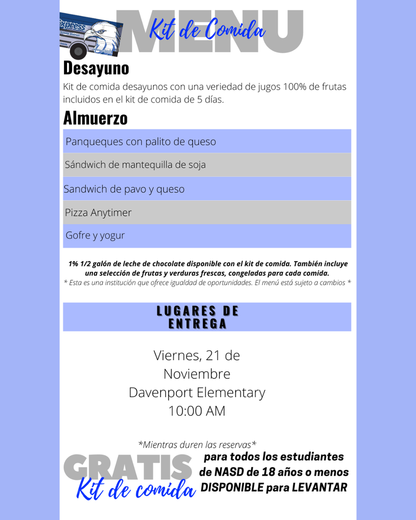 Spanish Menu for November meal distribution.