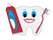 Image of toothpaste, toothbrush, and a tooth.