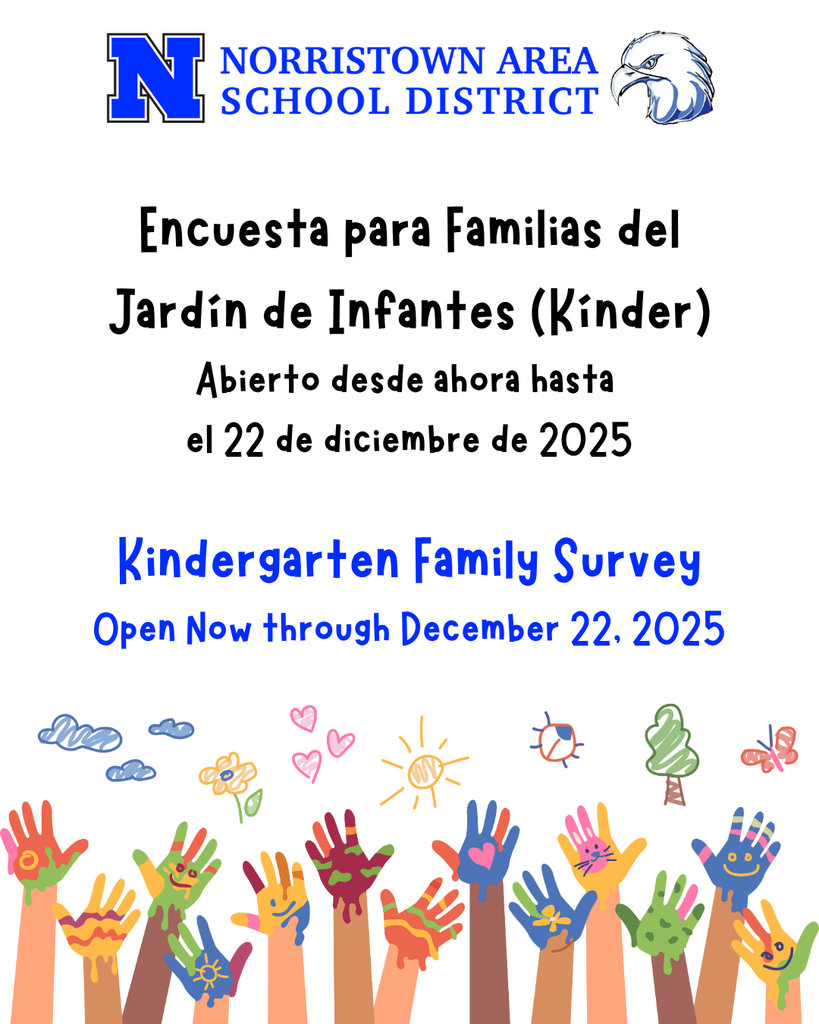 Bilingual Flyer with the NASD logo, cartoon hands with finger paint and text overlayed "Kindergarten Family Survey Open Now through December 22, 2025"