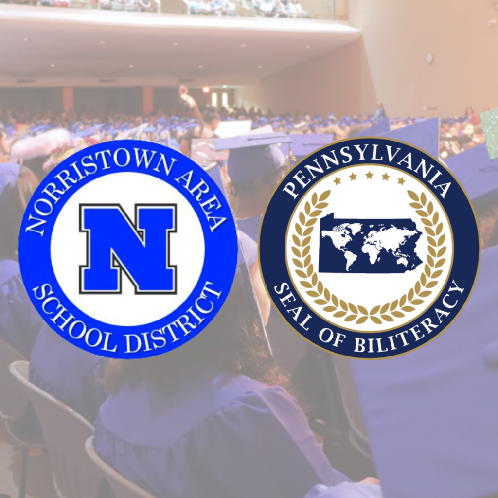 Crowd of graduates with the NASD logo and PA Seal of Biliteracy logo overlayed. 