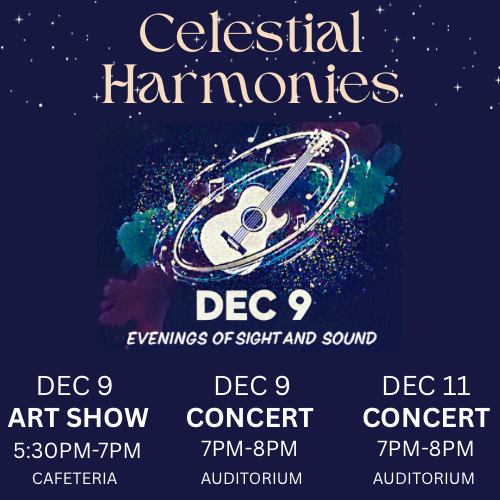 Flier depicting times for art show and winter concerts on December 9th and 11th