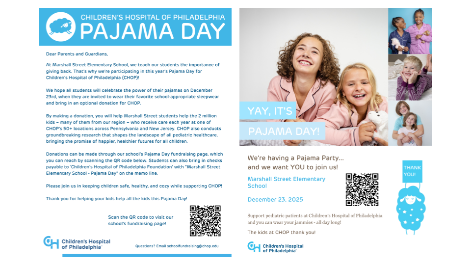 Pajama Day is Tuesday, December 23. Donations are excepted at school by cash and check, and online.