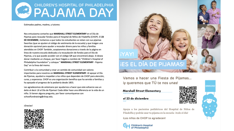 Pajama Day is Tuesday, December 23. Donations are excepted at school by cash and check, and online.