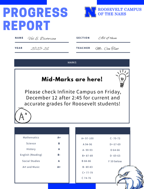 A flyer in English letting families know that mid-marks will be published in Infinite Campus on Friday, December 12 by 2:45PM