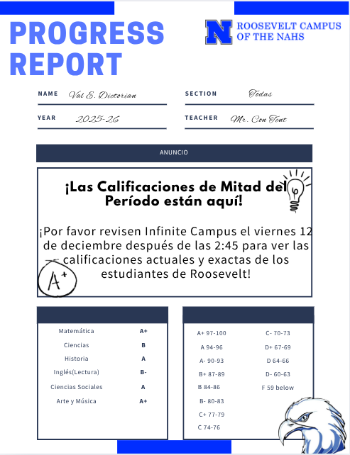 A flyer in Spanish letting families know that mid-marks will be published in Infinite Campus on Friday, December 12 by 2:45PM