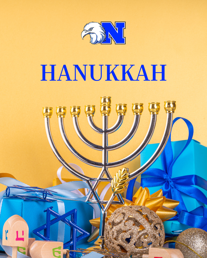 Hanukkah-themed display with a menorah, gifts, and dreidels with text "HANUKKAH" and the NASD logo.