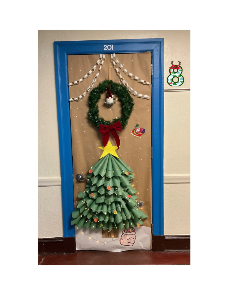 A door with homemade Christmas tree home made with lights