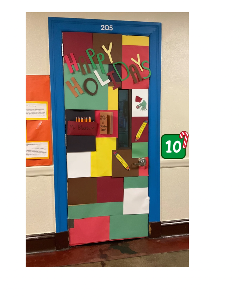 A colorful door that says "happy holidays" on it