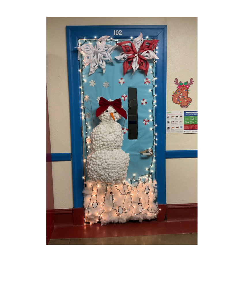 A door with a 3D snowman with lights