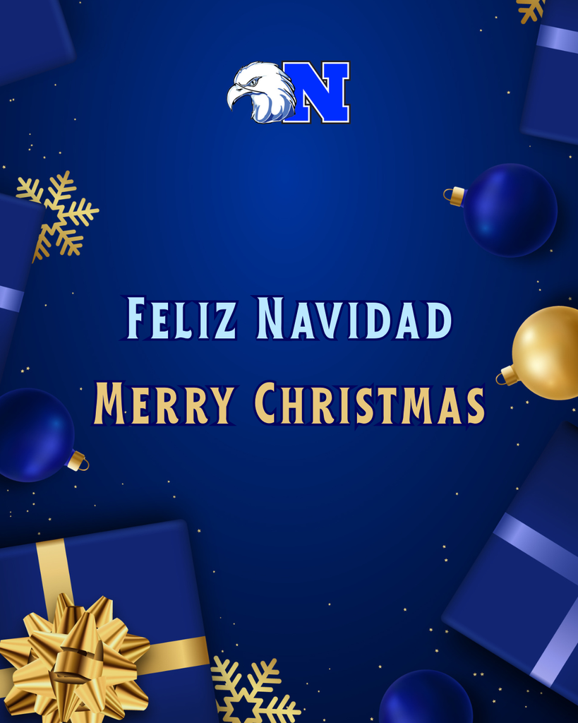 Blue and gold holiday-themed image with text "Feliz Navidad" and "Merry Christmas."