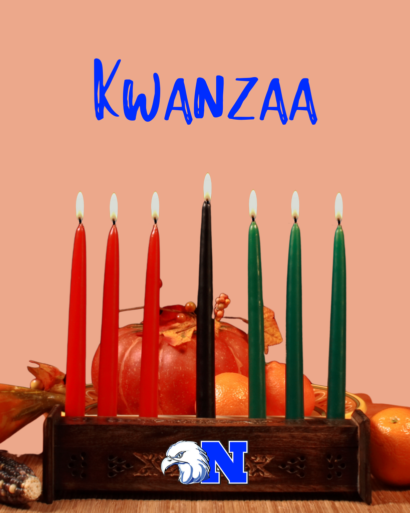 A Kwanzaa display with a kinara holding seven lit candles, surrounded by decorations, with the word "Kwanzaa" above.