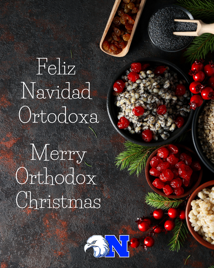 Festive holiday scene with "Merry Orthodox Christmas" text and bowls of grains, seeds, and cherries.