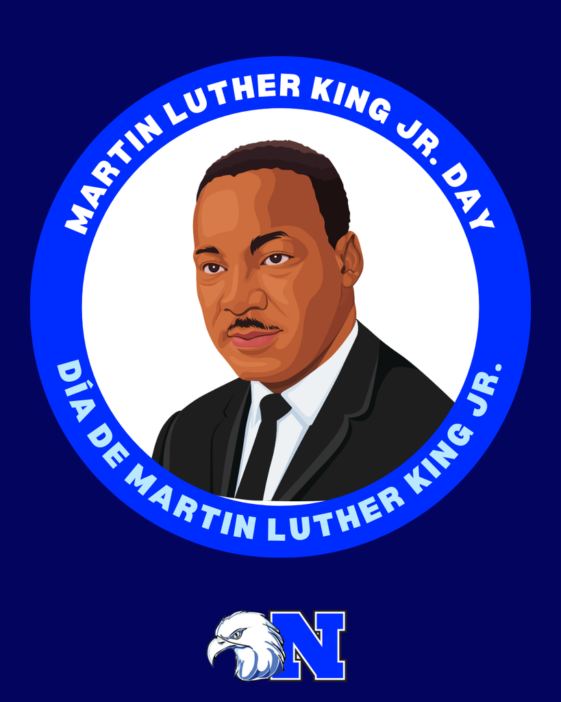 Illustration of Martin Luther King Jr. with text around in a blue circle "Martin Luther King Jr. Day", and the NASD logo beneath.