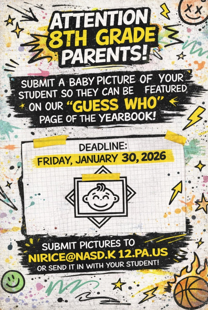 Flyer for 8th grade families about baby pictures for the yearbook. More details in caption.