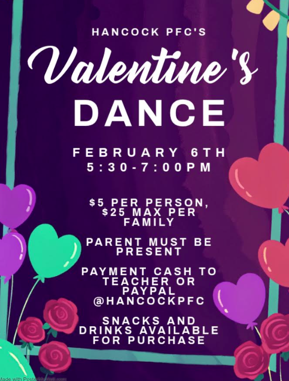 A flyer sharing information about the PFC Valentine's Dance