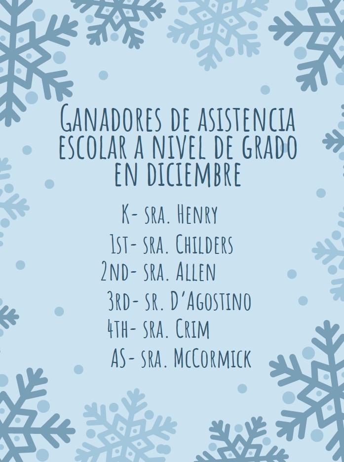 List of Monthly Attendance Winners By Grade for December in Spanish.