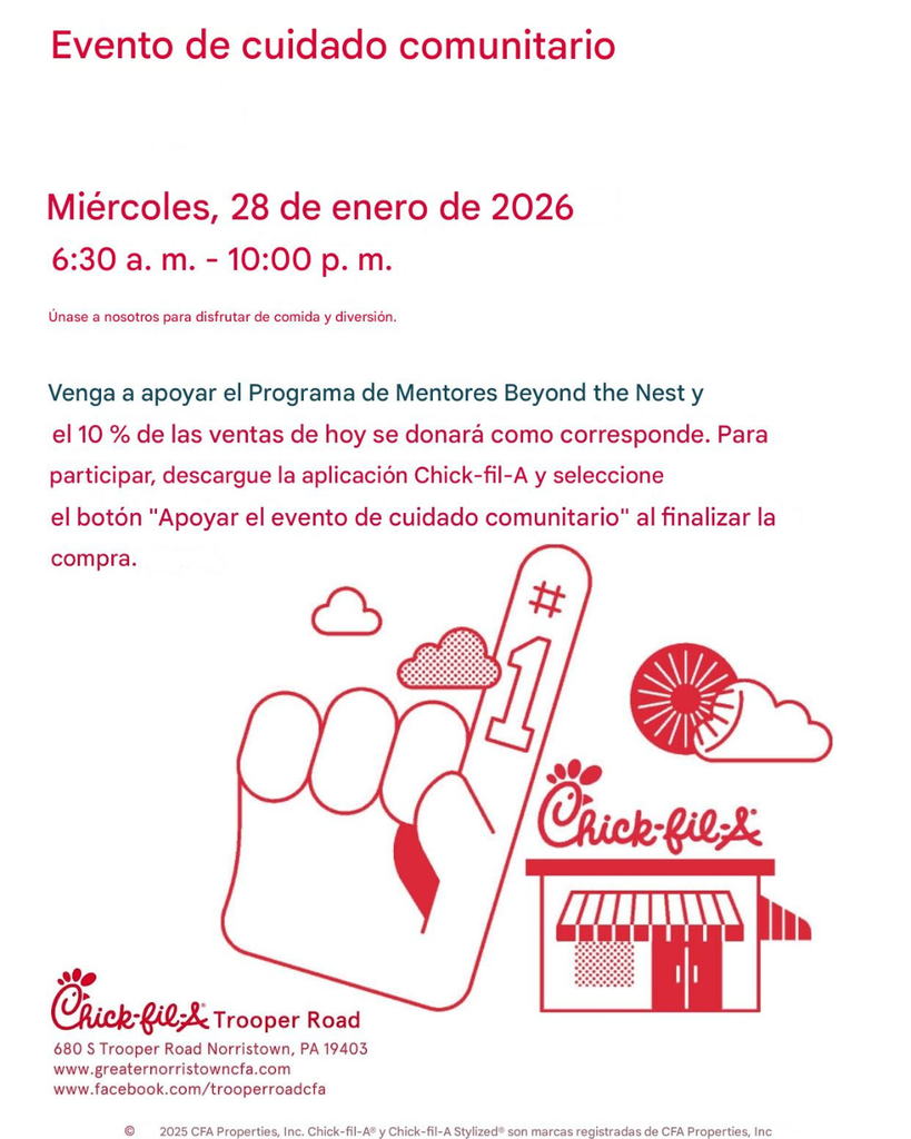 Chick-fil-a Community Care Event Flyer in Spanish. Full details in caption.