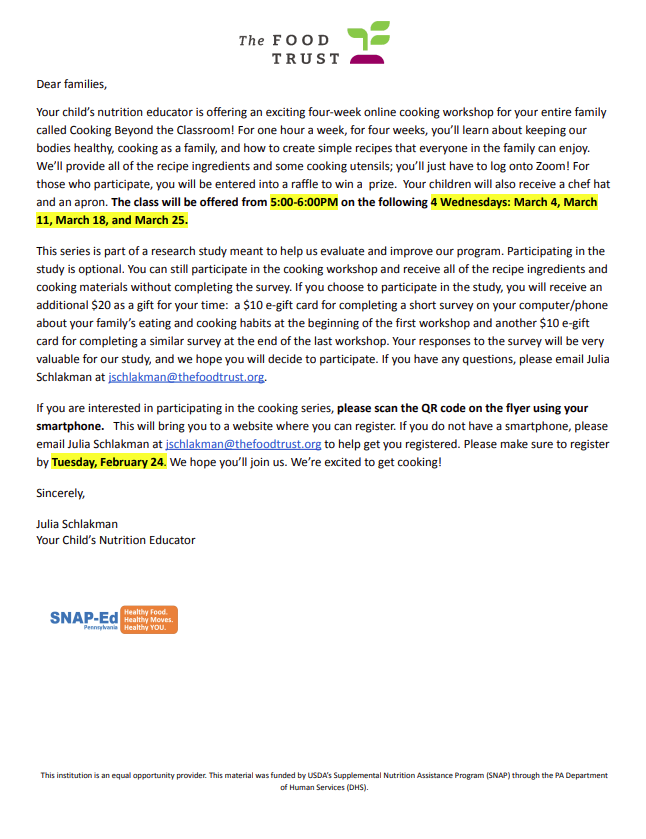 Cooking Beyond the Classroom Letter