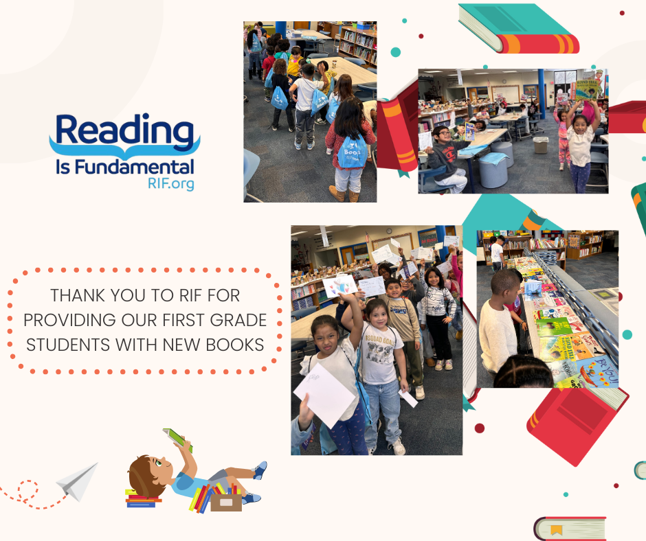 Collage of photos of 1st Graders with their free books from RIF.