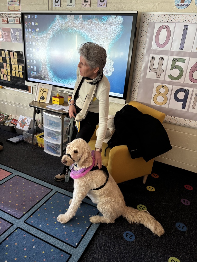 Nutmeg the service dog visits a Kindergarten classroom with Ms. Mary Anders, the Deputy Executive Director for the Montgomery Child Advocacy Project.