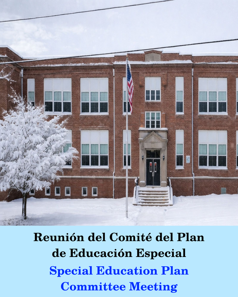 Snow-covered school building with American flag and tree, featuring a meeting announcement at the bottom in Spanish and English.