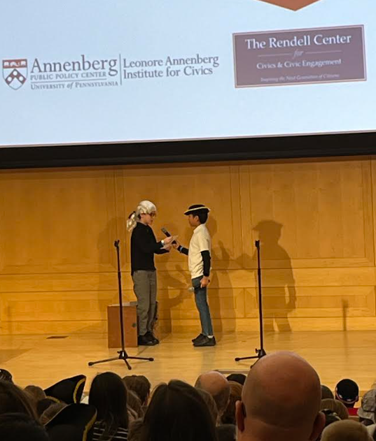 5th graders David Reiley and Giovanni Estarda presenting to the panel of judges.