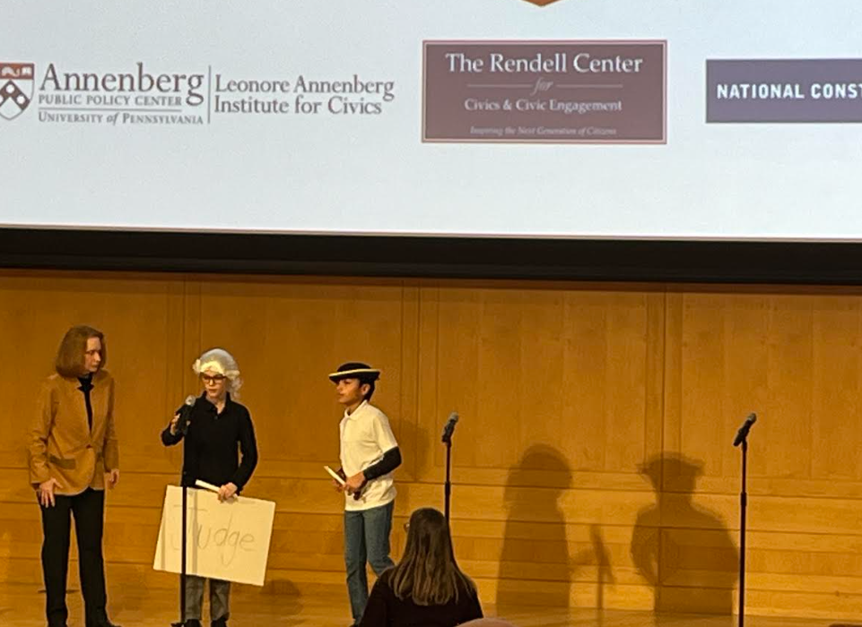 5th graders David Reiley and Giovanni Estarda presenting to the panel of judges.