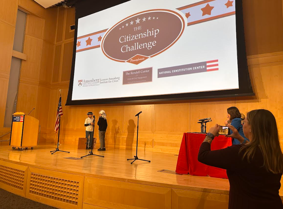 5th graders David Reiley and Giovanni Estarda presenting to the panel of judges.