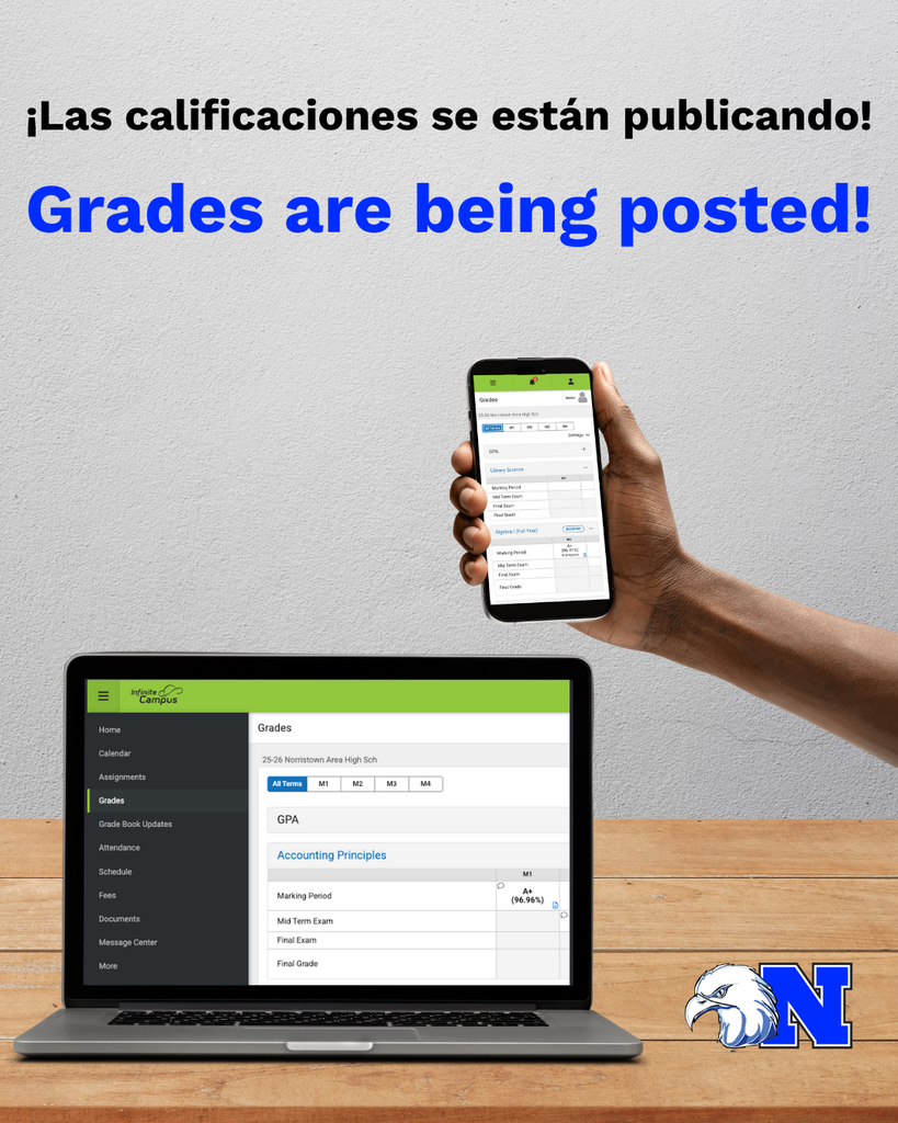 A promotional image showing text about grades being posted, with a laptop and smartphone displaying a grade portal.