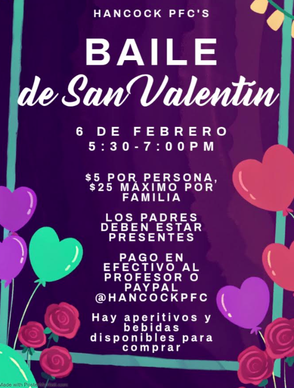 A flyer sharing information about the PFC Valentine's Dance