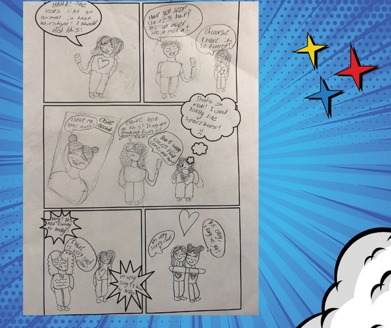 A student created comic strip about internet safety and cyberbullying.