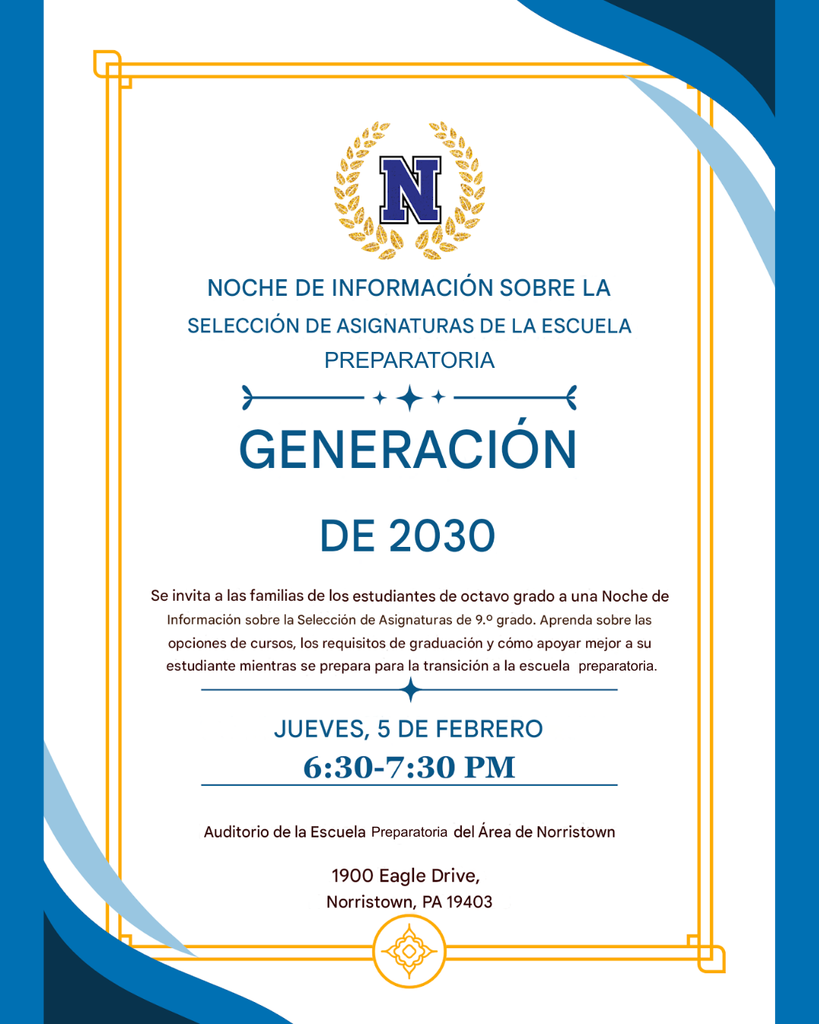 Informational flyer in Spanish regarding the high school course selection night for 8th grade families.