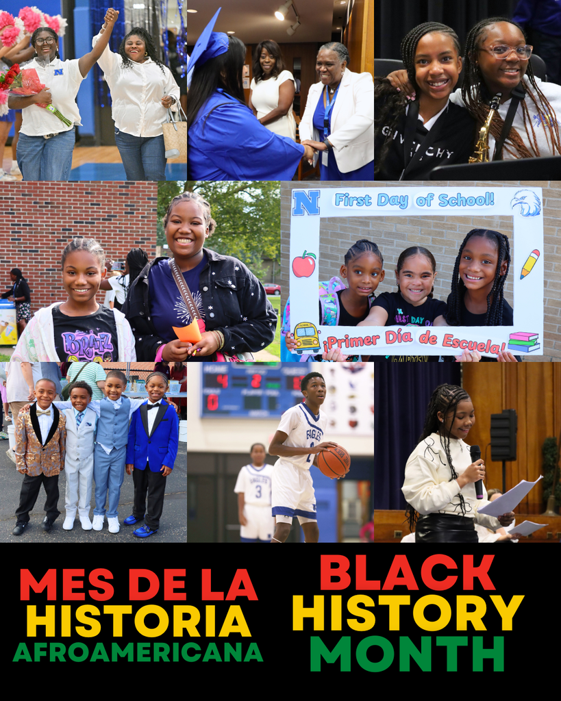 Collage of images of students, staff and families across NASD with text "Black History Month"