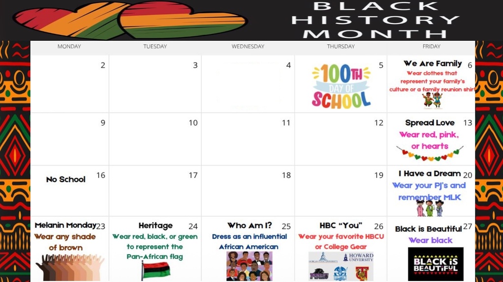 Black History Month Spirit Day Calendar