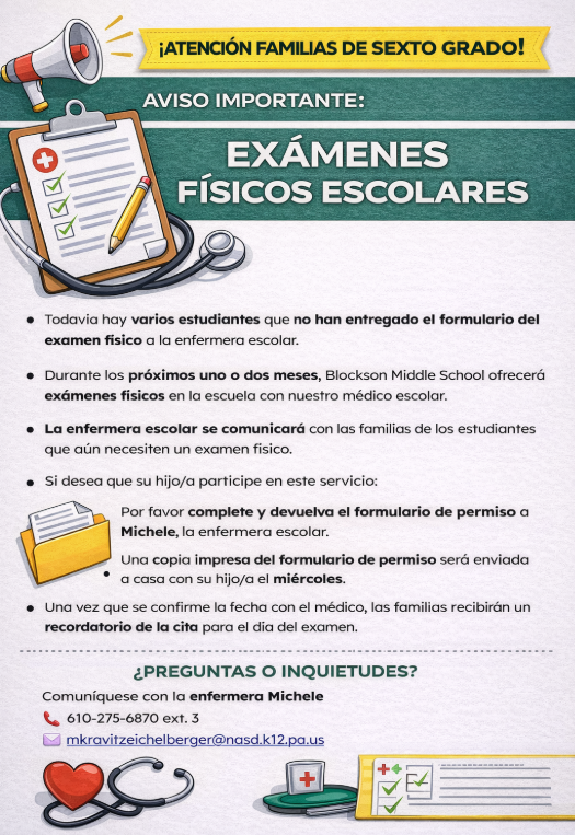 Notice for 6th Grade families about physical exams in Spanish.